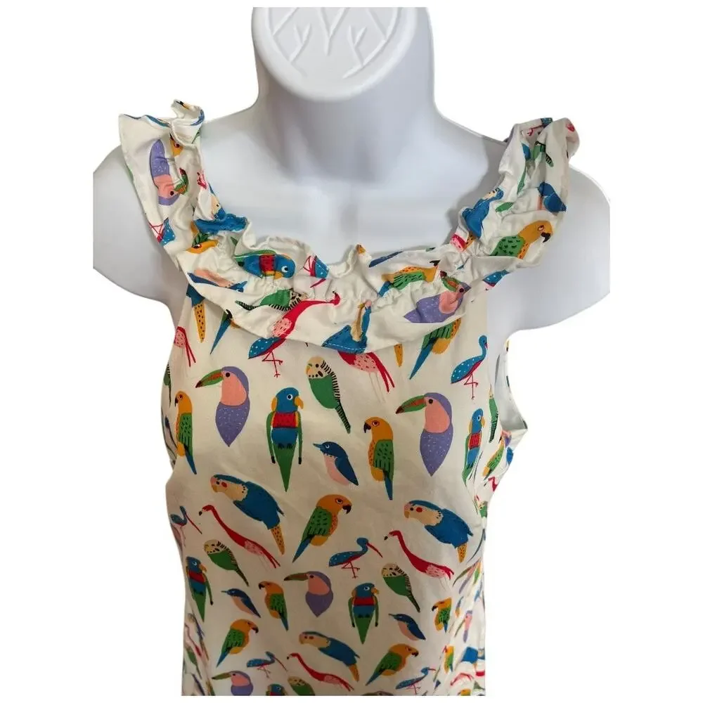 Larke Anthropologie sleeveless shift dress colorful parrots birds ruffle neck XS - Picture 6 of 9
